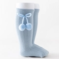 Light blue knee-high baby socks featuring ribbed knit texture and pom-pom bows - Light Blue