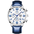 Men's quartz watch featuring a dark blue leather strap and silver case with white dial - Blue Strap Silver Case [Leather Band + Calendar/Luminous]