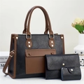 Three-piece vintage black tote bag set with brown straps and gold hardware for women - Black