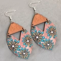 Bohemian sunflower wooden teardrop earrings with vintage floral pattern and silver hooks - Blue and Orange Floral Style