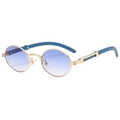 Retro small round sunglasses with gold metal frame and blue wood grain temples - Gold/Blue