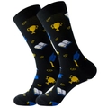 Close-up of black mid-calf socks with graduation patterns of caps, books and trophies - Size 39-45 / Reading/Graduation