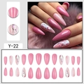 Pink almond press-on nails with floral pattern and hand-painted plum blossom details - Soft Pink Solid Hand-Painted Floral Style (Y-22) / Glue Type