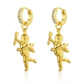 Elegant gold cupid angel drop earrings with cubic zirconia accents on white background - Cupid Angel Earrings