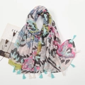 Colorful floral print cotton linen scarf with leopard patterns and blue tassels - Colorful Geometric Leopard Style (XB999-01)