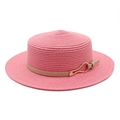 Detail of pink straw boater hat featuring a beige leather band and wavy gold buckle - M (56-58cm) / Dusky Pink
