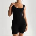 Women's black ribbed sleeveless bodysuit with square neck and slim fit athletic design - S / Black