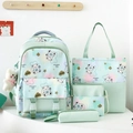 Mint green 4-piece school backpack set featuring a cartoon bear print and plush charm - Green