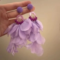 Handheld close-up showing purple fabric flower petals and bead tassels on long earrings - Purple Petal Tassel Long Style (27#)