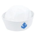 Detail of white sailor hat featuring navy blue anchor embroidery and high-quality stitching - Blue Side Anchor Embroidery