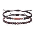 Detail view of handmade braided couple bracelets with pink spotted natural stone beads - Two-Piece Set / Rhodonite