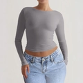 Slim fit grey round neck long sleeve knit top paired with denim jeans for women - S / Light Gray