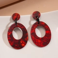 Retro red acrylic hollow geometric oval earrings with textured finish for women - 925 Sterling Silver Earring Post - Red