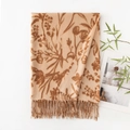 Beige faux cashmere scarf with brown floral print and elegant tassels for winter - Beige Background Coffee Floral