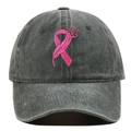 Close-up of pink ribbon feather embroidery on washed cotton charcoal baseball cap - Adjustable / Green