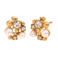 Orecchini a lobo a grappolo con perle bianche e cristalli scintillanti in finitura oro 18K - Orecchini a Bottone a Grappolo di Fiori