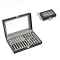 Black faux leather watch and pen display box with clear window and metal snap button - 12-Slot Pen Box (Black/Grey)
