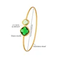 Detailed macro of gold stainless steel open bangle with square green faceted glass stones - Gold Emerald Green