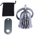 Motorcycle guardian bell set with skeleton middle finger and black velvet pouch - Antique Silver (Pendant With Pouch And Tag)