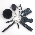 Black and marble pattern personal safety keychain set with alarm and fluffy pompom - 3-Black Marble