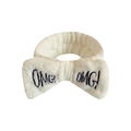 White plush bow headband with black OMG embroidery for washing face and makeup - Off White
