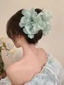 Mint green organza flower hair clip with white pearls for elegant summer hairstyles - Mesh Pearl Claw / Green