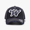 Navy blue baseball cap with white W patch, distressed brim and contrast stitching detail - Navy Blue (24A226)