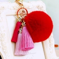 Plush red faux fur pompom keychain with gradient pink silk tassels and gold metal clasp - Red