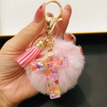 Pink fur pompom keychain with gold lobster clasp and sequined letter T resin pendant - Letter T