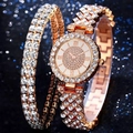 Detail view of rose gold alloy watch and double-row rhinestone bracelet gift set - Rose Gold Style (Watch And Bracelets Set - No Box)