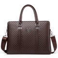 Dark brown leather business briefcase with embossed logo pattern and shoulder strap - Dark Brown