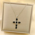 Silver-toned cross pendant necklace featuring black oval stones and white zircon accents - Silver Base Black Gemstone Style / Silver Black Necklace