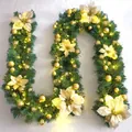 2.7m Christmas garland with LED lights, golden baubles and champagne flowers for decor - Premium Pre-lit Style / Gold
