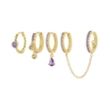Close-up of five-piece gold chain fringe earring set featuring purple zircon stones - Gold-Purple Zirconia