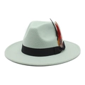 Detailed texture of mint green wool fedora with black ribbon and colorful feathers - M (56-58cm) / Mint Green
