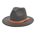 Detailed macro view of dark grey wool fedora hat with brown leather band and metal buckle - M (56-58cm) / Dark Gray