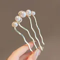 Golden U-shaped hair fork with five elegant pearls for traditional Chinese hairstyle - Rhinestone Pearl Hair Stick - Gold