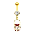 Detailed view of golden butterfly navel ring with red rubies and clear zircon tassels - Red Gem Butterfly Tassel