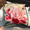 Floral faux silk scarf featuring pink peonies with a cream base and dark green border - Green (W-476)
