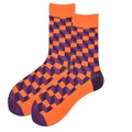 Tall socks featuring geometric orange and purple square patterns on a white background - 38-46 / Orange Purple Geometric (1099C)