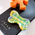 Handmade woven hair clip with colorful yarn, Cute letter charm and checkered pattern - Bone-Plaid Green