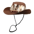 Western straw cowboy hat with ethnic embroidery and feathers on a white background - M (56-58cm) / Coffee