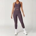 Set sportivo viola scuro da donna con top allacciato al collo e leggings a vita alta - Taglia S / Top E Pantaloni / Canotta + Pantaloni Lunghi / Viola Melanzana
