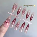 Detail of Honey Peach press-on nails with 3D peach charms and gradient pink finish - S03 Honey Peach / 30 Pieces