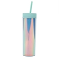 Detail of 16oz iridescent double-wall plastic tumbler with mint green lid and straw - 16oz / Green