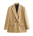 Detailed flat lay of a khaki double-breasted blazer featuring notch lapels and flap pockets - Dark Khaki