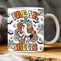Detail of ceramic Halloween mug featuring Spooky ghost and Freak in the Sheets text design - SP-M Style