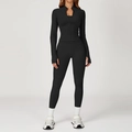 Ensemble de yoga noir sans couture avec haut zippé et legging à taille haute - S / Haut Et Bas / Noir Premium
