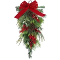 Christmas teardrop swag with red velvet bow, green pine needles and red berries - Large Red Bow Swag 75cm