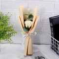 Detail view of a single rose soap flower in beige paper with a 'Just for you' white ribbon - Champagne
